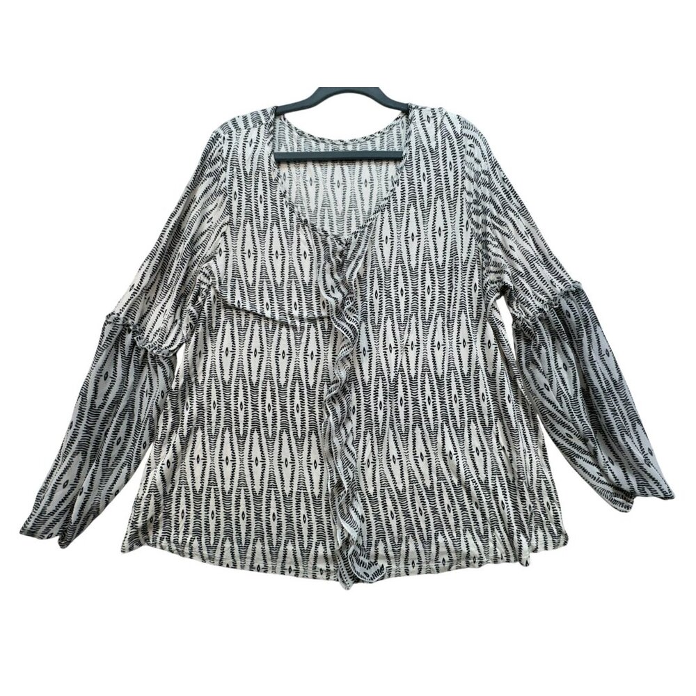 Lane Bryant Womens Blouse Top Size 18/20 Black White Geo Long Sleeve Ruffle